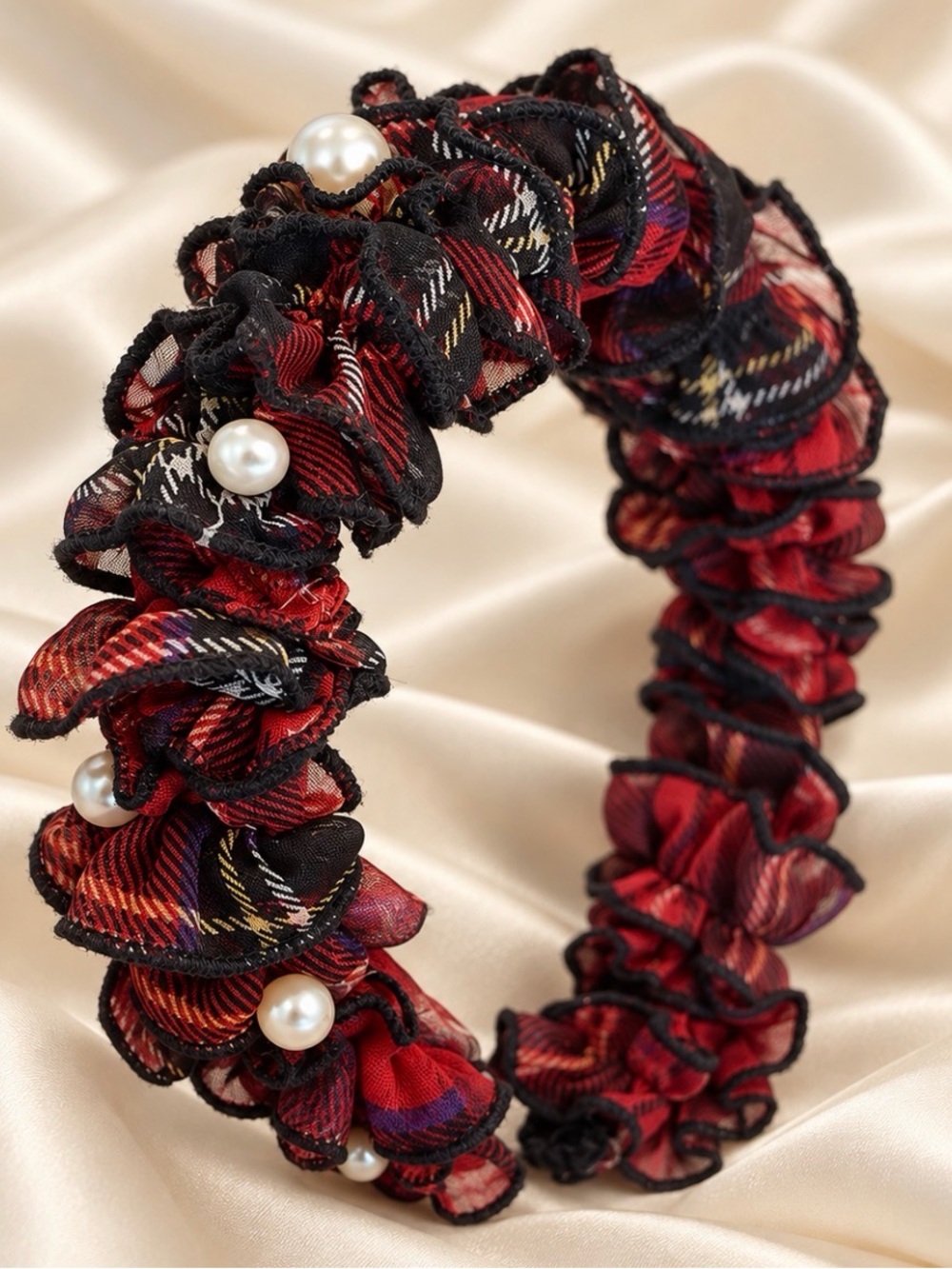 Handmade Plaid Ruffle Pearl Headband - Red Black 2 of 23